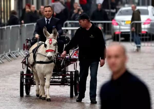 David Walliams arrives at Britain's Got Talent auditions at Blackpool Opera House in January 2017 pulled by a donkey