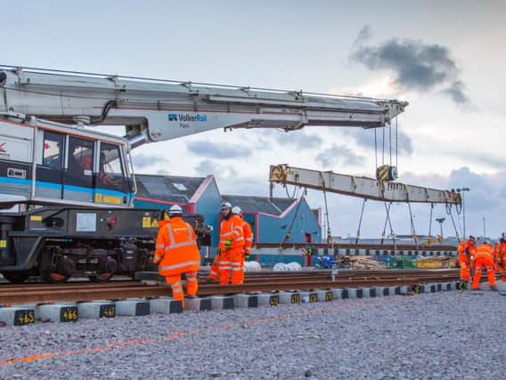 Engineers laying track at Blackpool