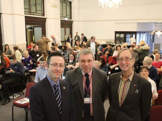 Coun Mark Smith, centre with Blackpool Council's chief executive Neil Jack and Get Started's Geoff Reeves at a sales seminar at the Winter Gardens for Enterprise Week