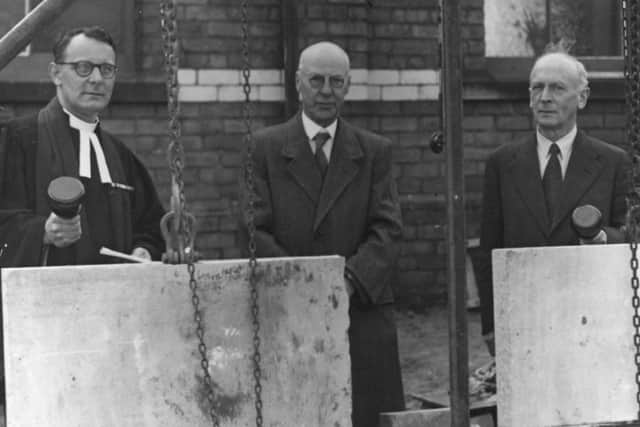 September 6, 1955.  At the laying of the foundation stones for the Â£17,000 extension of the Sunday School at Church Road Methodist Church, St Annes.  From left: The Rev EWH Herron (minister), Mr F Howorth (architect), Mr Joseph Hollas