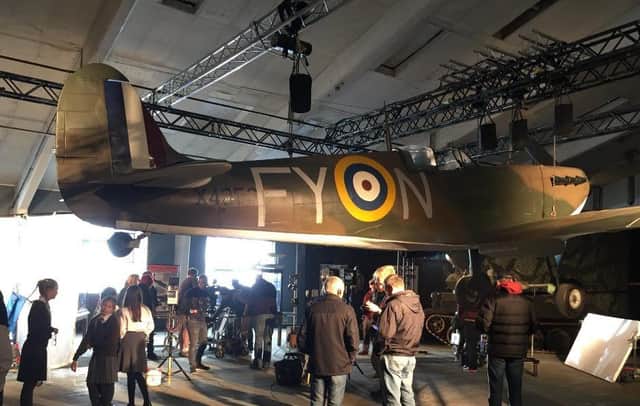 The Lytham St Annes  Ground Display Team's Mk II Spitfire Vicky on set for the BBC's Grandpa's Great Escape written by David Walliams