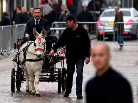 David Walliams arrives at Britains Got Talent auditions at Blackpool Opera House in January 2017 pulled by a donkey