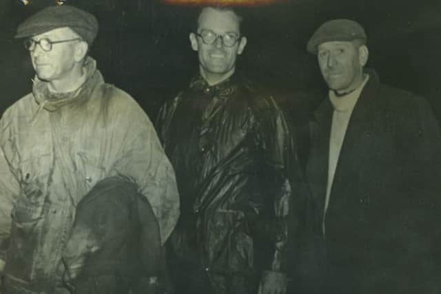 The crew of the disabled yacht. From left:  John Scragg (Ansdell), Fred H Westrope (Penwortham), Ernest Stocker (Lytham), the owner, and Ron Mallet (Warrington)