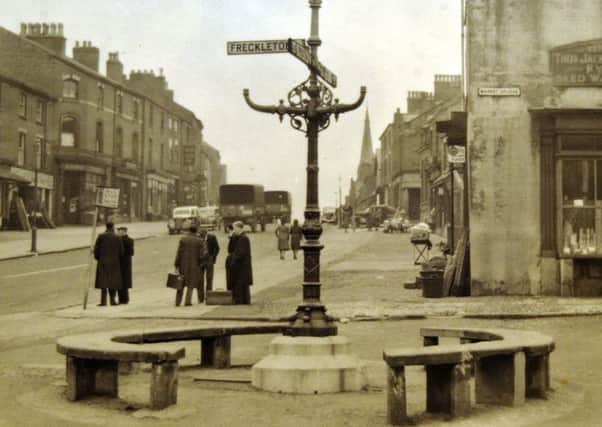 A view of Kirkham looking along Poulton Street from the Market Square in the 1950s with the spire of the United Reformed Church in the distance.