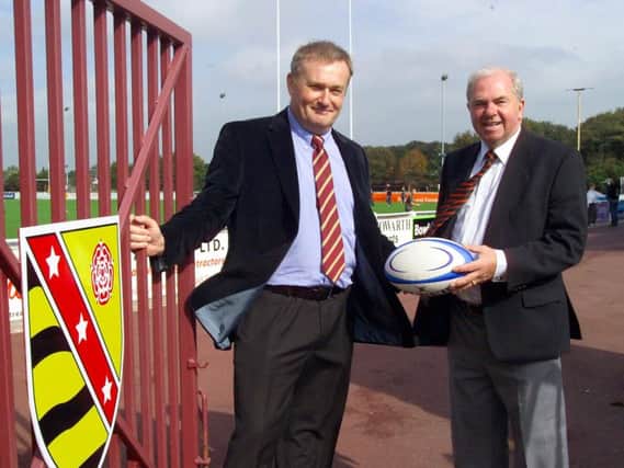 John Chadwick (right) with Fylde chairman Michael Brennand in 2006 after agreeing a ground share with Blackpool Panthers