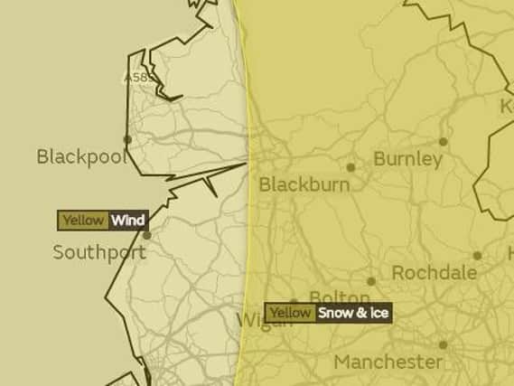 Yellow weather warnings for snow, ice and wind have been issued for parts of the North West England, say weather experts.