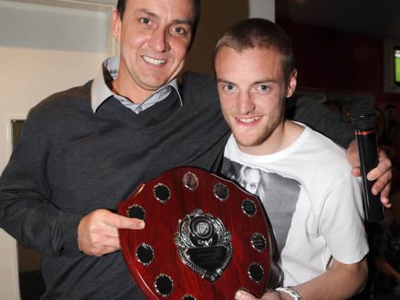 Andy Pilley with Fleetwood player of the year Jamie Vardy in 2012