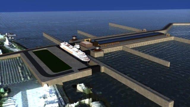 Artist's impression of the Wyre tidal barrage scheme, with the large ferry vessel indicating scale.