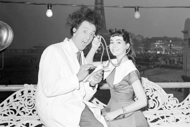 Ken Dodd "playing doctors" with Miss Blackpool, Ann Lamon in 1958.
He was headline act in "Let's Have Fun" on Central Pier where other acts included Josef Locke, Don lang and Vanda.