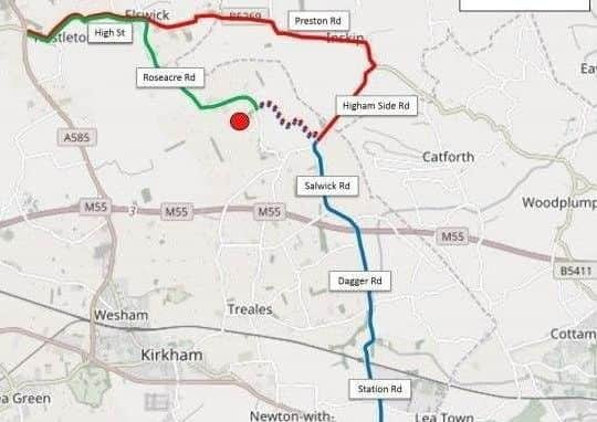 The routes to the Roseacre Wood drill site.