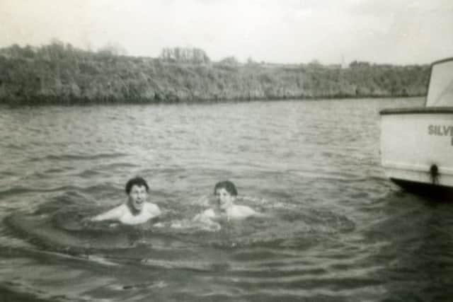 The crew of the Silver Song in April 1961 on the Norfolk Broads. John Featherstone and Bill Taylor