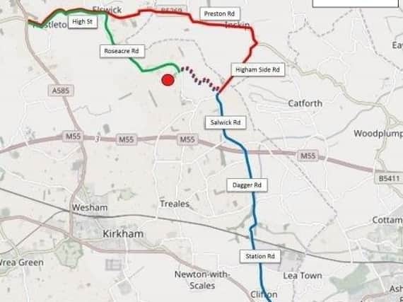 The three rural road routes proposed by Cuadrilla to service the fracking site at Roseacre Wood