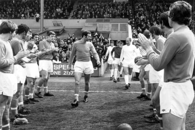 Jimmy Armfield got a tremendous reception from his team, Manchester United players and the crowd as he entered the field for his last match for the first team at Bloomfield Road, Blackpool on May 1, 1971