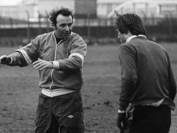 Jimmy Armfield with goalkeeper Iain Hesford, while helping out with coaching at Blackpool after losing his manager's job at Leeds