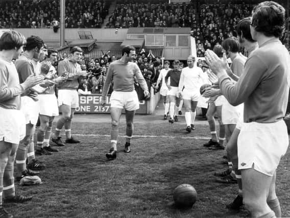 Jimmy Armfield runs out for his final match at Blackpool FC's Bloomfield Road, against Manchester United in May 1971