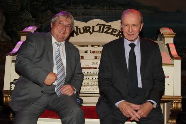Blackpool and England footballing legend Jimmy Armfield celebrates his 80th birthday with a bash at the Tower Ballroom, sat with Wurlitzer player Peter Jebson