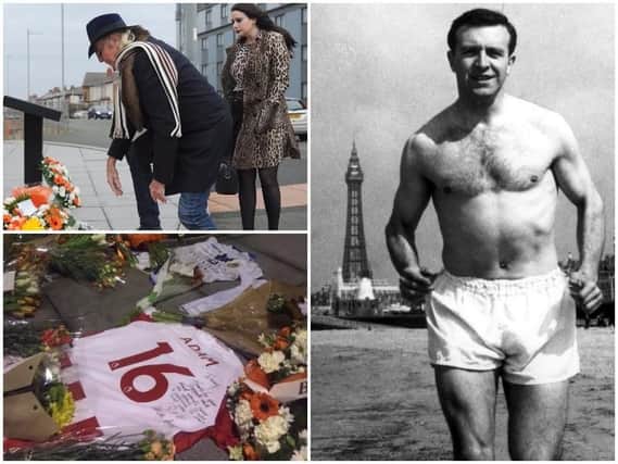 BFC owner Owen Oyston and director Natalie Christopher, top left, laid flowers today following the death of ex-captain Jimmy Armfield, right. Charlie Adam, who fired the Seasiders to the Premier League in 2010, wrote an emotional message on a shirt, bottom left, left beside a statue of Jimmy in Bloomfield Road.