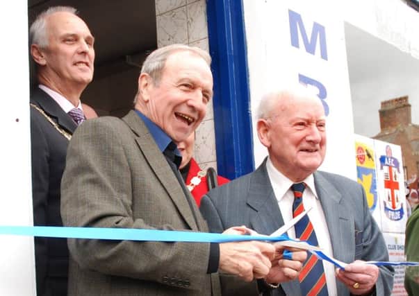 Jimmy Armfield and Sir Tom Finney cut the ribbon to open the Kirkham and Wesham (now AFC Fylde) supporters shop in 2008