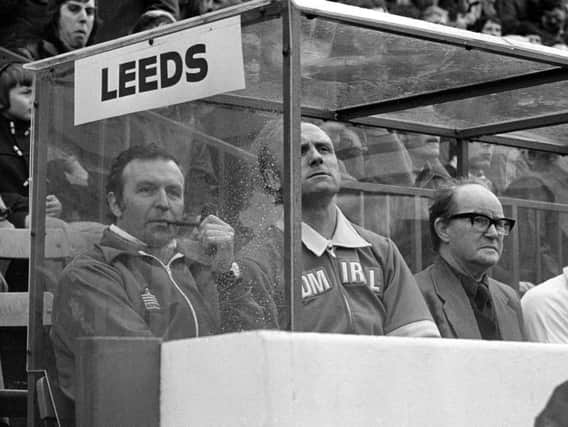 A pipe-smoking Jimmy Armfield in the Leeds dug-out with Don Howe during the FA Cup semi-final defeat against Manchester United at Sheffield Wednesdays Hillsborough ground in 1977