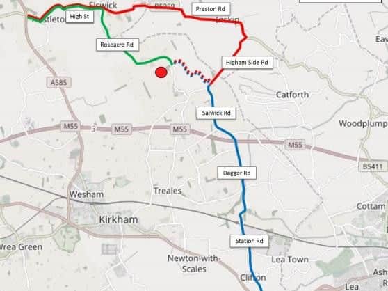 The proposed truck routes to the Roasecare Wood fracking site