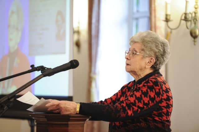 Lady Milena Grenfell-Baines speaking at the Holocaust memorial service at St Annes synagogue