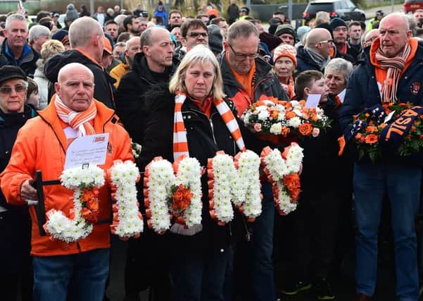 Wreaths are laid at the Jimmy Armfield Statue outside Bloomfield Rd, home of Blackpool FC, to honour the late Jimmy Armfield (Picture: Richard Martin-Roberts/CameraSport)