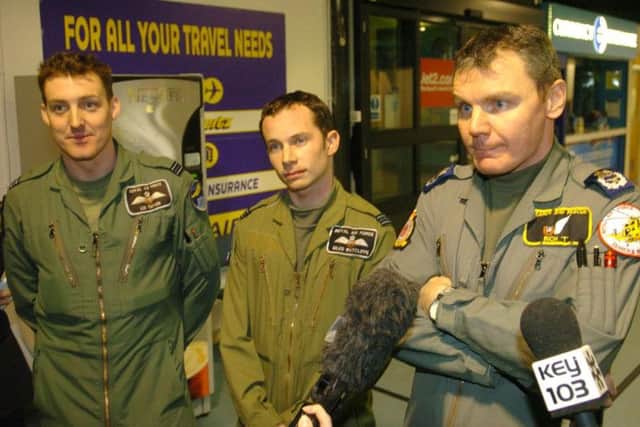 L-R are Flight Lt Lee Turner, Flight Lt Giles Radcliffe and Master Aircrew Officer  Rich Taylor