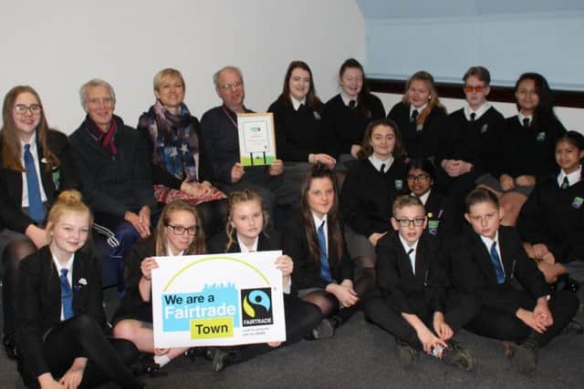 Pupils from St Marys Catholic Academy on St Walburga's Road join councillors celebrating Blackpool's Fair Trade status