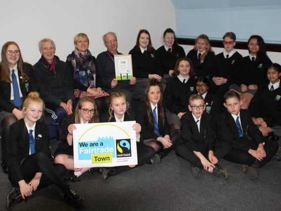 Pupils from St Marys Catholic Academy on St Walburga's Road join councillors celebrating Blackpool's Fair Trade status