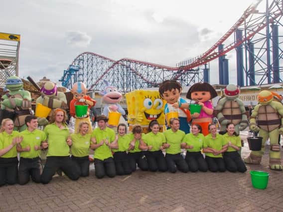 Team Nick at Blackpool Pleasure Beach were drenched by Nickelodeon Land characters after taking part in the ALS Ice Bucket Challenge
