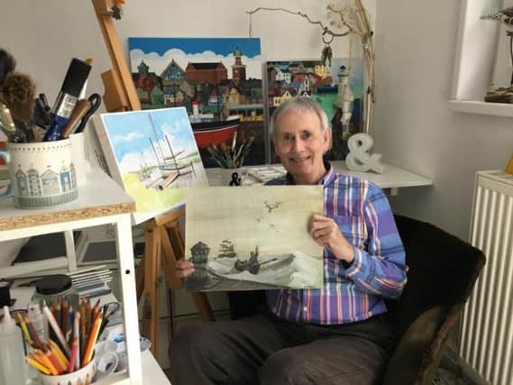 Cleveleys artist Derek Littlewood with the painting he did as a 15-year-old
