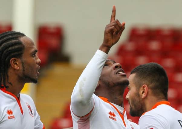 Viv Solomon-Otabor celebrates scoring in Blackpool's draw at Walsall