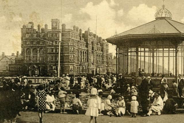 The bandstand in St Annes with the Majestic Hotel in the background. Historical post card dated 1927