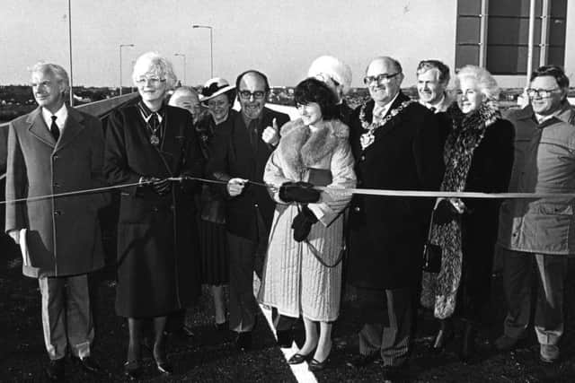 Blackpool link road, watched by civic officials in 1986. The road follows the old railway line to the site of Central Station and is named after Lancashire County Council surveyor Harry Yeadon (far left), it was opened on the 3rd January 1986. Louise Ellman in light coloured coat