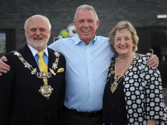 Fylde Mayor and Mayoress John and Geraldine Singleton with AFC Fylde owner David Haythornthwaite to launch the Mayor's Respect competition for young people