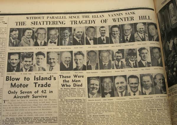 Page from the Isle of Man Examiner in 1958 showing pictures of some of those who died in the Winter Hill crash