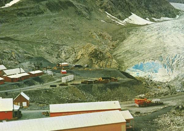 The mining camp at the end of a glacier in a 1968 picure of Granduc
