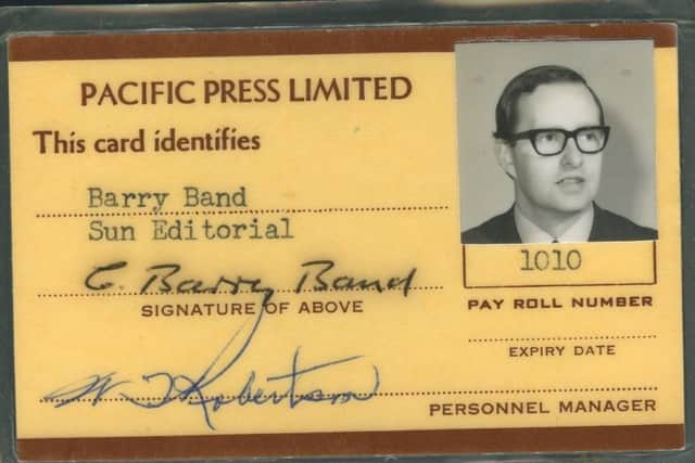 Barry Band's press ID card from the Sun, 1968-69