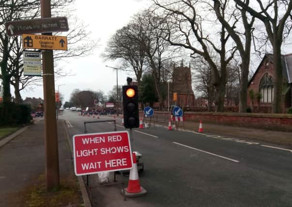 Temporary traffic lights at St Annes Road East for roadworks by Electricity North West