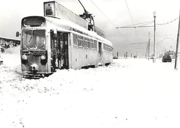 A tram stranded in the snow, on Blackpool Promenade in 1981
