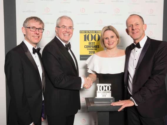 Beaverbrooks rated the 11th best company to work for in the UK. Left to right, Glenn Dimelow, Head of Research & Compliance, Best Companies, Jonathan Austin, Founder & CEO, Best Companies, Anna Blackburn, Beaverbrooks Managing Director, Mark Adlestone, Beaverbrooks Chairman.