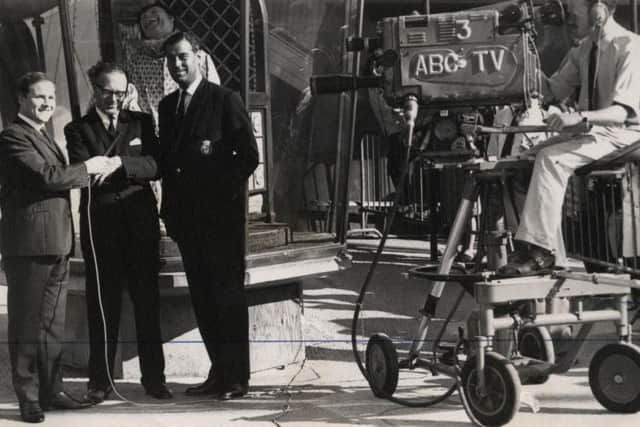 Outside the fun house during the filming of the ABC TV programme Blackpool Special in 1964 are - from left: David Hamilton (compere), Harry Porter (Blackpool publicity manager), David Southwood (producer) and Mike Boyce (cameraman)