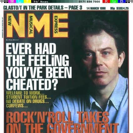 Prime Minister Tony Blair on the front cover of the March 14th issue of  New Musical Express (NME), the pop and music industry newspaper, alongside the headline: "Ever had the feeling you've been cheated?".  Mr Blair,  who has hosted showbusiness parties at number 10 to show his commitment to the arts and Britpop, has been strongly criticised by musicians in an interview in the newspaper.  See PA Story POLITICS NME.