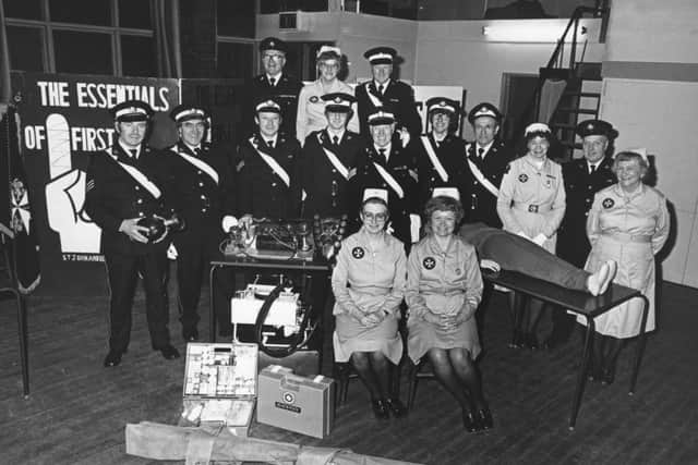 Members of the Blackpool St John Ambulance Brigade with some of the equipment they use, in 1987