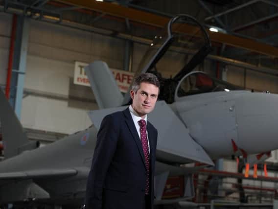 Defence Secretary Gavin Williamson at BAE Systems' Warton plant to see the Typhoon production line. He  was announcing a memorandum of intent between the UK and Saudi governments for a deal for 48 new aircraft