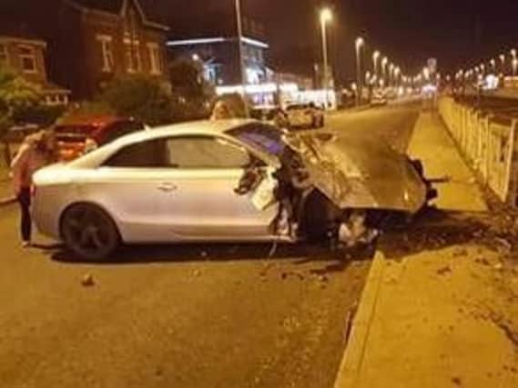 A motorist was arrested after a silver Audi A5 hit the wall separating Kelso Avenue in Cleveleys from the tram-track at around 9pm on Sunday, March 11, 2018, police said. Picture: Jay Johnson-Allen