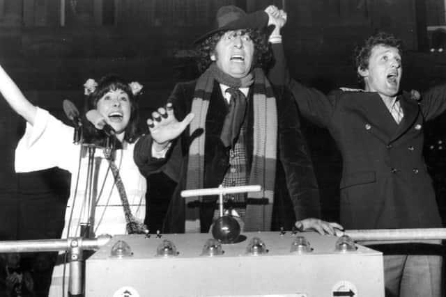 Dr Who (Tom Baker) with time travelling assistants Sarah Jane (Elisabeth Sladen) and Harry (Ian Marter) switching on Blackpool Illuminations in 1975.