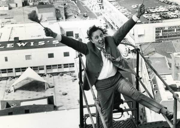 Ken Dodd  on Blackpool Tower in the early 1970s.