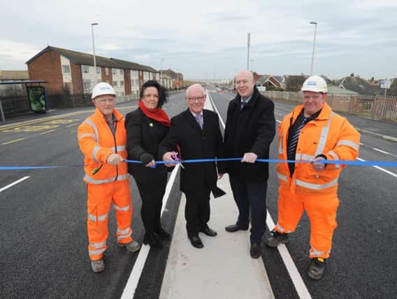 Mick Walsh from Story Contracting, Coun Gillian Campbell, Coun Fred Jackson, Blackpool Council's head of highways Will Britain and Mark Thom from Story.