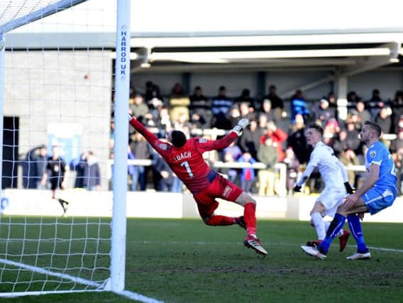 Fylde thought this third goal by James Hardy would have sealed victory over Hartlepool Picture: Steve McLellan